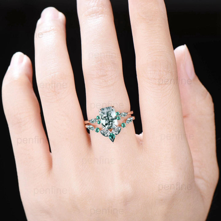 Unique Emerald Cut Natural Moss Agate Engagement Ring Set Seven Stone Green Gemstone Wedding Ring Set 14K Rose Gold Emerald Bridal Set Women - PENFINE