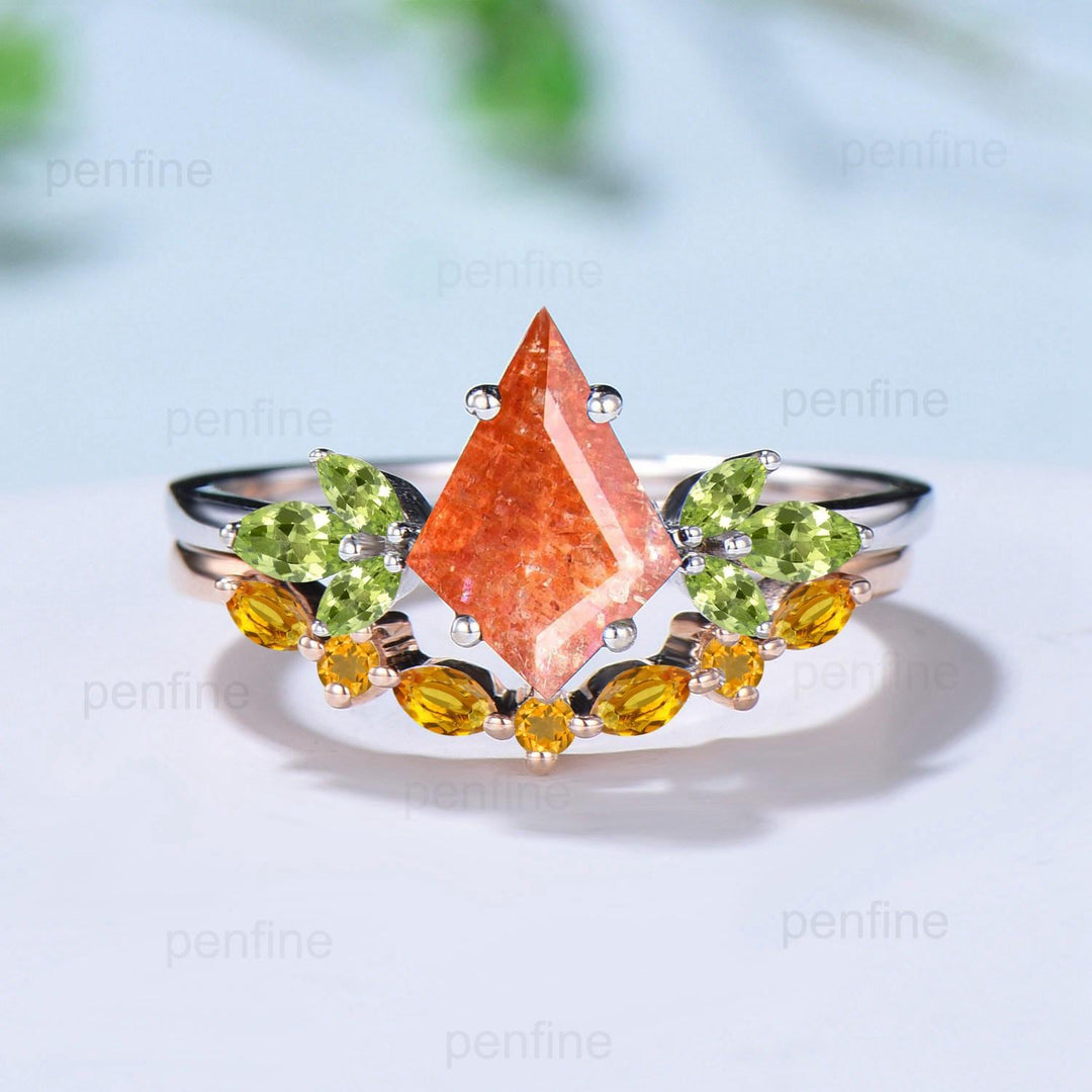 Retro sunstone engagement ring set kite cut Vintage cluster peridot wedding ring yellow crystal citrine birthstone promise ring for women - PENFINE