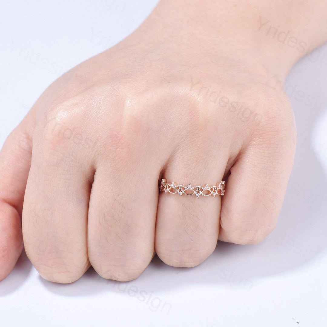 Art Deco 14K Rose Gold Diamond Wedding Band Anniversary Bridal Ring Unique Handmade Jewelry Gift Celtic Knot Stacking Diamond Band - PENFINE