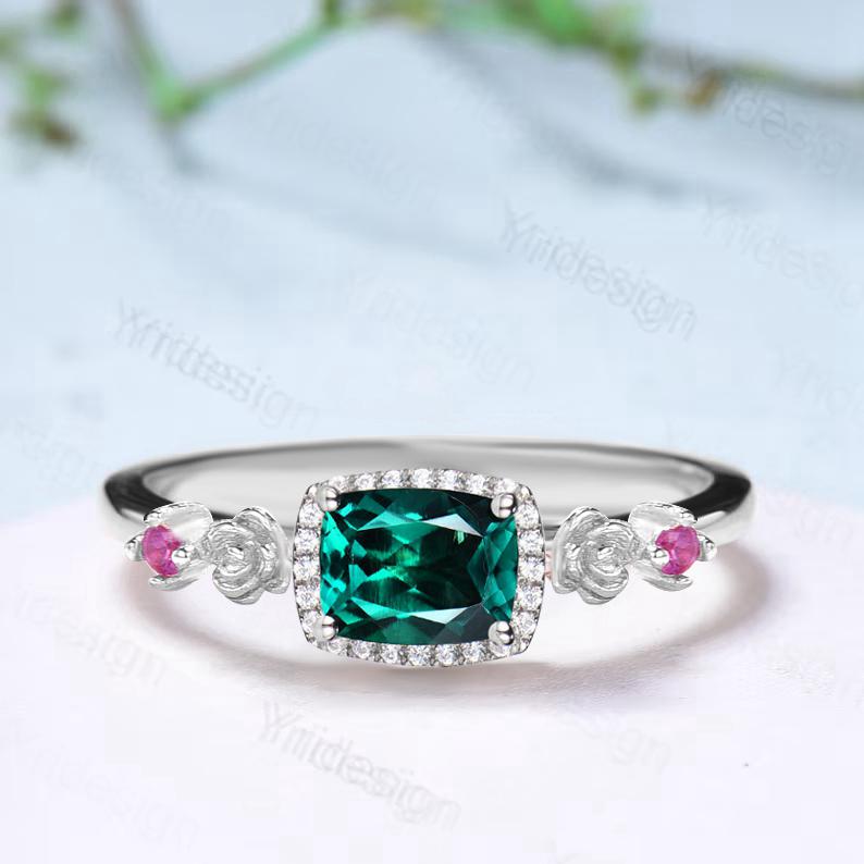 Unique east to west emerald wedding ring halo diamond floral emerald engagement ring Art deco rose gold pink tourmaline anniversary ring - PENFINE