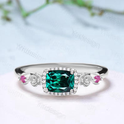 Unique east to west emerald wedding ring halo diamond floral emerald engagement ring Art deco rose gold pink tourmaline anniversary ring - PENFINE