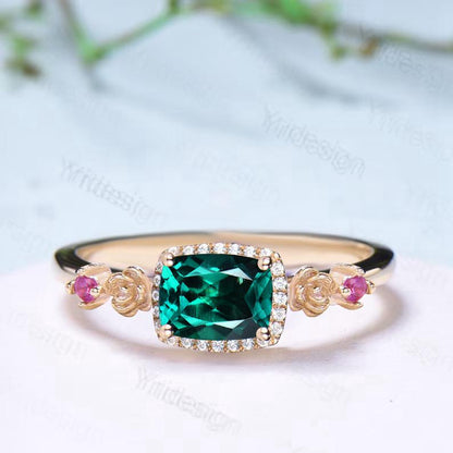 Unique east to west emerald wedding ring halo diamond floral emerald engagement ring Art deco rose gold pink tourmaline anniversary ring - PENFINE
