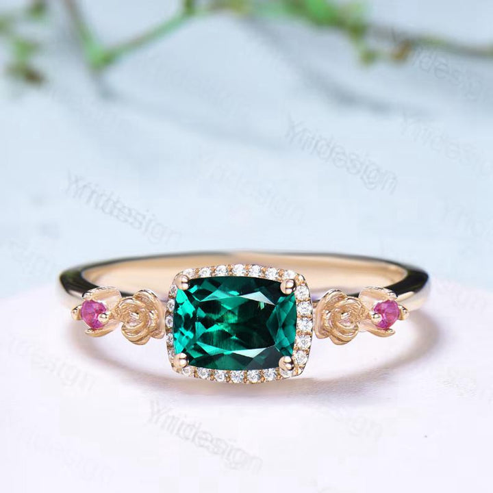 Unique east to west emerald wedding ring halo diamond floral emerald engagement ring Art deco rose gold pink tourmaline anniversary ring - PENFINE