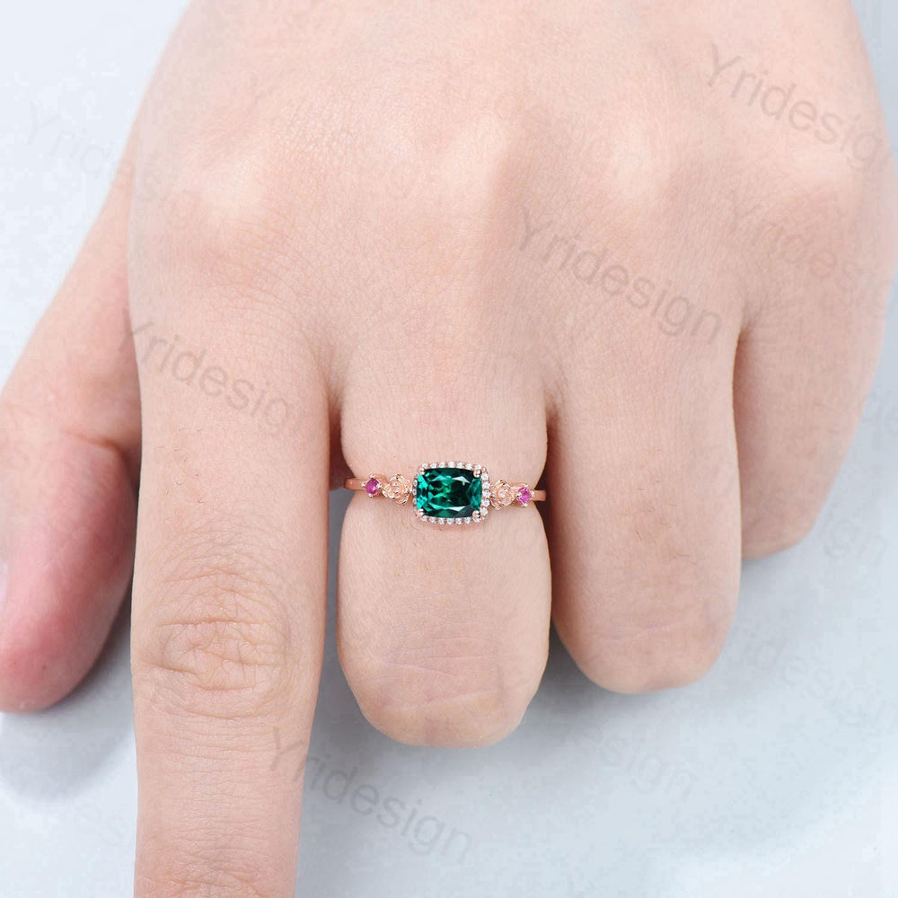 Unique east to west emerald wedding ring halo diamond floral emerald engagement ring Art deco rose gold pink tourmaline anniversary ring - PENFINE