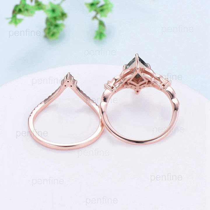 Unique black rutilated quartz ring set kite cut split shank black tourmaline engagement ring cluster spinel bridal wedding ring Fine jewelry - PENFINE
