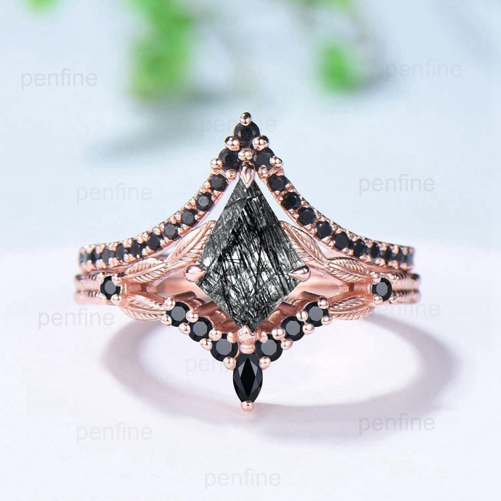 Unique black rutilated quartz ring set kite cut split shank black tourmaline engagement ring cluster spinel bridal wedding ring Fine jewelry - PENFINE