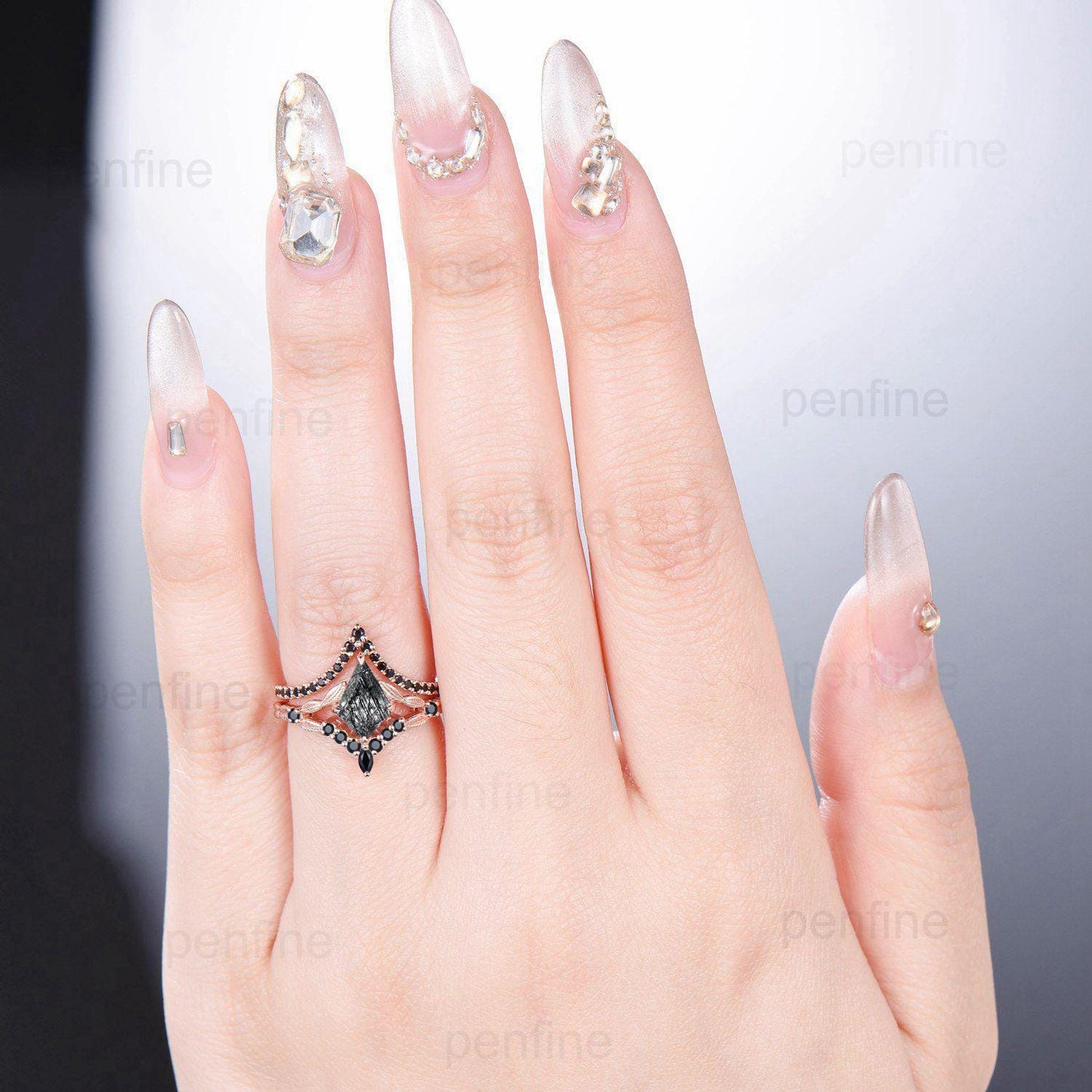 Unique black rutilated quartz ring set kite cut split shank black tourmaline engagement ring cluster spinel bridal wedding ring Fine jewelry - PENFINE