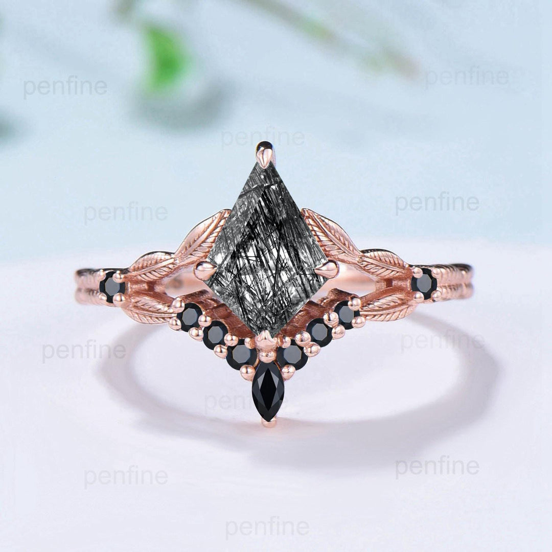 Unique black rutilated quartz ring set kite cut split shank black tourmaline engagement ring cluster spinel bridal wedding ring Fine jewelry - PENFINE