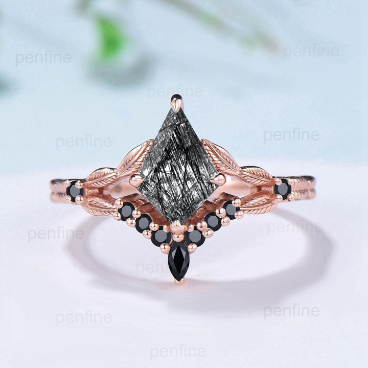 Unique black rutilated quartz ring set kite cut split shank black tourmaline engagement ring cluster spinel bridal wedding ring Fine jewelry - PENFINE
