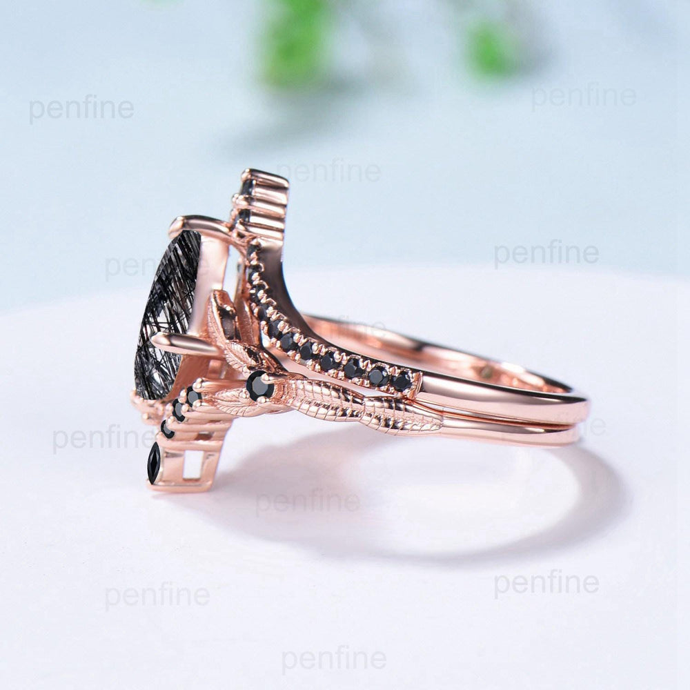 Unique black rutilated quartz ring set kite cut split shank black tourmaline engagement ring cluster spinel bridal wedding ring Fine jewelry - PENFINE