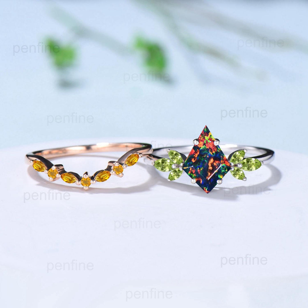 Retro kite cut black fire opal engagement ring set Vintage cluster peridot wedding ring citrine stacking band October birthstone bridal set - PENFINE