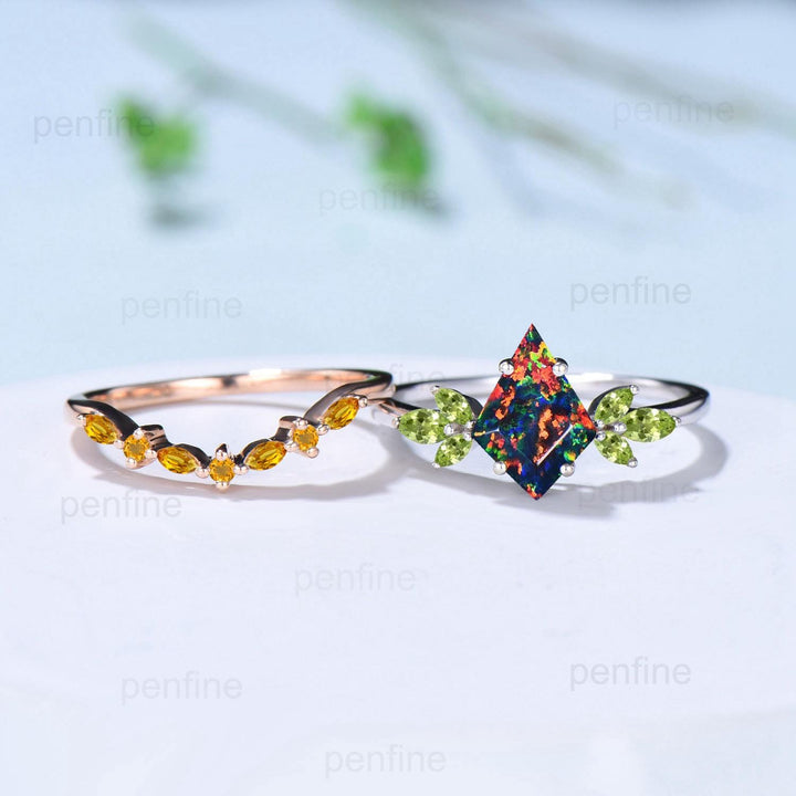 Retro kite cut black fire opal engagement ring set Vintage cluster peridot wedding ring citrine stacking band October birthstone bridal set - PENFINE