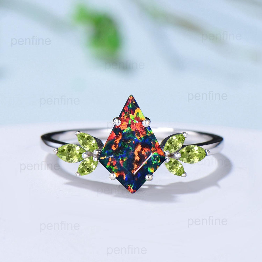 Retro kite cut black fire opal engagement ring set Vintage cluster peridot wedding ring citrine stacking band October birthstone bridal set - PENFINE