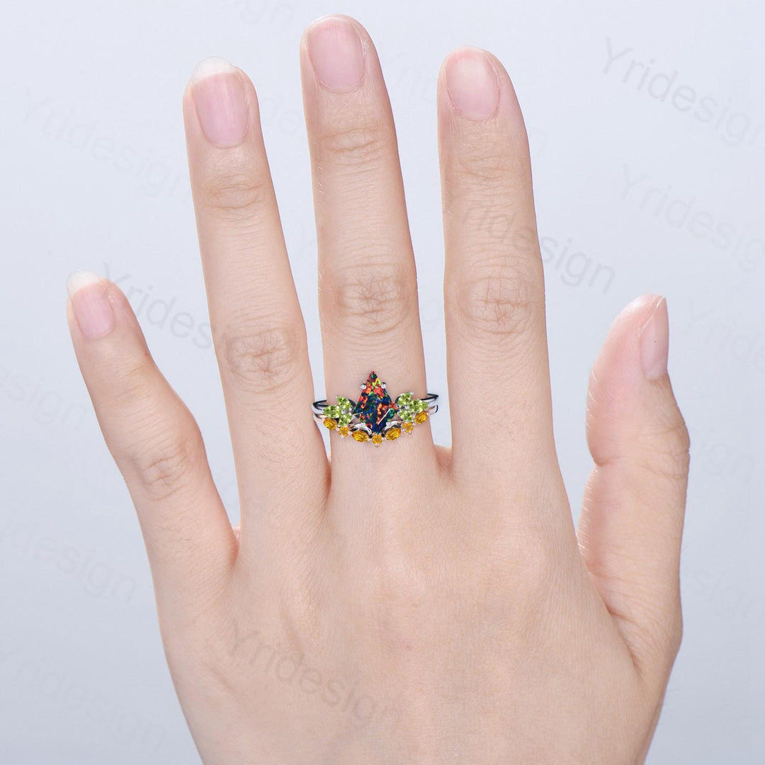 Retro kite cut black fire opal engagement ring set Vintage cluster peridot wedding ring citrine stacking band October birthstone bridal set - PENFINE