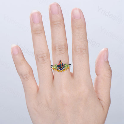 Retro kite cut black fire opal engagement ring set Vintage cluster peridot wedding ring citrine stacking band October birthstone bridal set - PENFINE