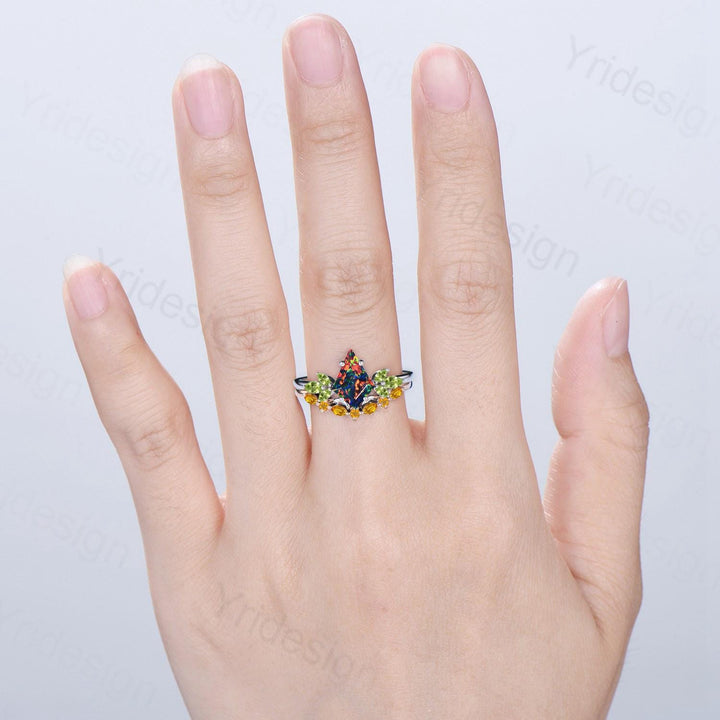 Retro kite cut black fire opal engagement ring set Vintage cluster peridot wedding ring citrine stacking band October birthstone bridal set - PENFINE