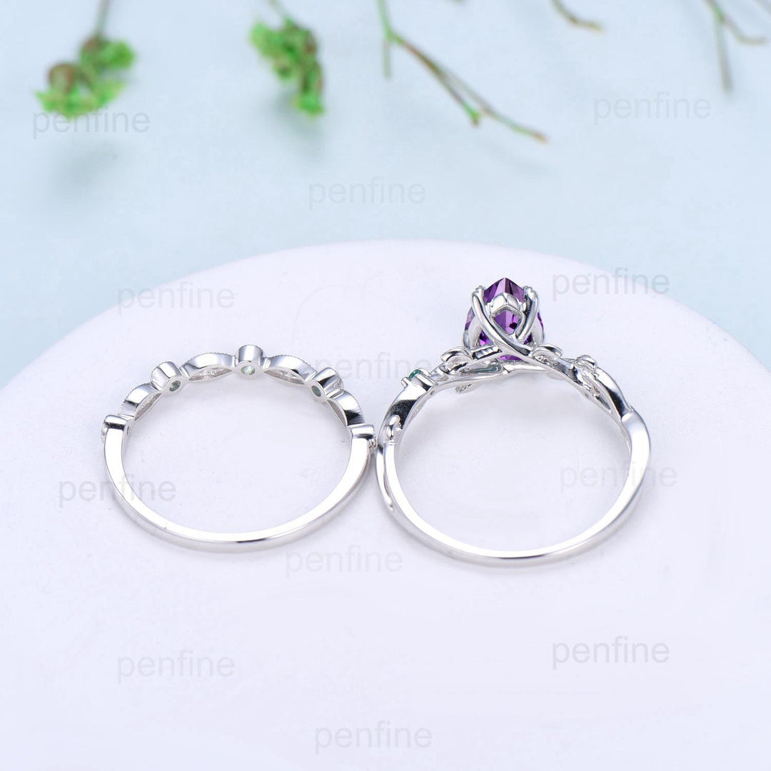 Vintage Amethyst Ring Set Pear Shaped Purple Amethyst Engagement Ring Nature Inspired Wedding Set Art Deco February Birthstone Jewelry Gift - PENFINE