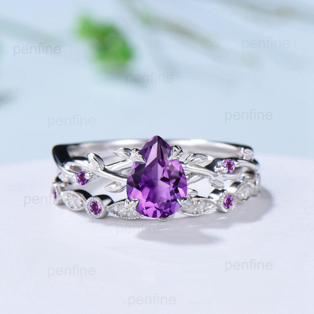 Vintage Amethyst Ring Set Pear Shaped Purple Amethyst Engagement Ring Nature Inspired Wedding Set Art Deco February Birthstone Jewelry Gift - PENFINE