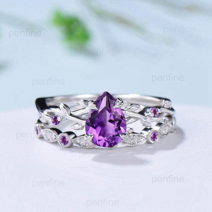 Vintage Amethyst Ring Set Pear Shaped Purple Amethyst Engagement Ring Nature Inspired Wedding Set Art Deco February Birthstone Jewelry Gift - PENFINE