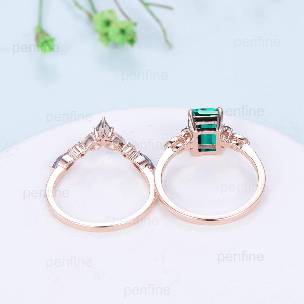 Vintage Emerald Cut Emerald Engagement Ring Set Unique Seven Stone Moss Agate Wedding Ring Set Silver Rose Gold May Birthstone Bridal Set - PENFINE