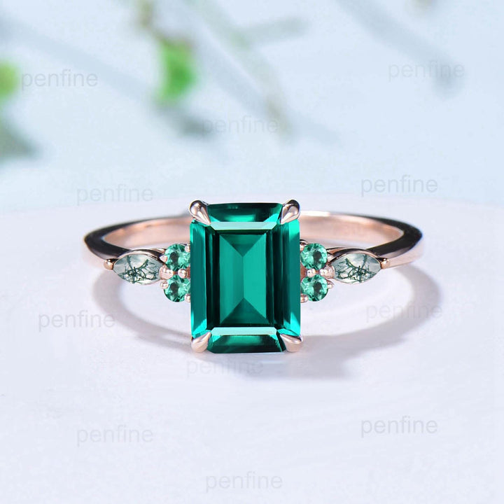 Vintage Emerald Cut Emerald Engagement Ring Set Unique Seven Stone Moss Agate Wedding Ring Set Silver Rose Gold May Birthstone Bridal Set - PENFINE