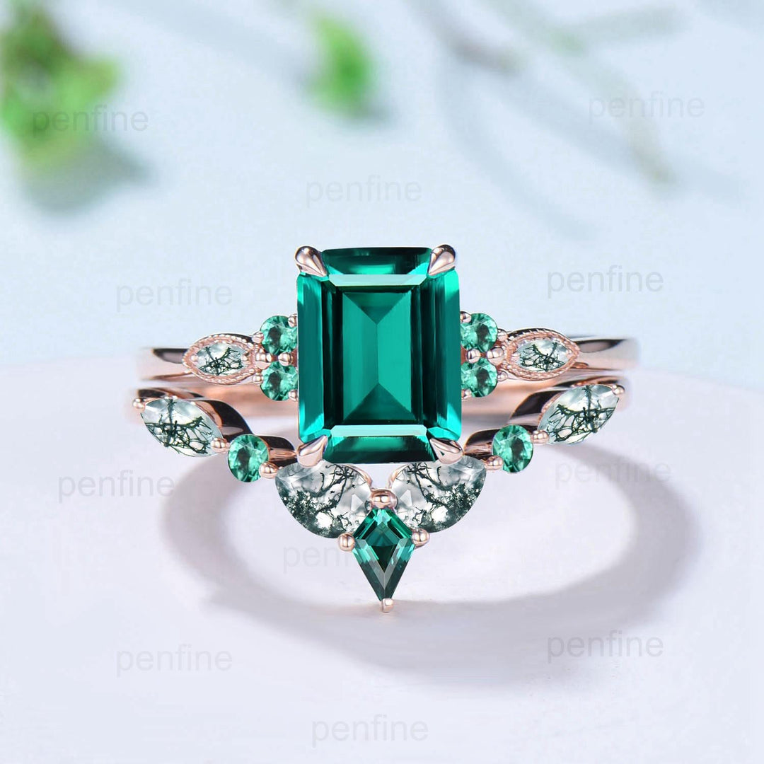 Vintage Emerald Cut Emerald Engagement Ring Set Unique Seven Stone Moss Agate Wedding Ring Set Silver Rose Gold May Birthstone Bridal Set - PENFINE