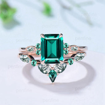 Vintage Emerald Cut Emerald Engagement Ring Set Unique Seven Stone Moss Agate Wedding Ring Set Silver Rose Gold May Birthstone Bridal Set - PENFINE