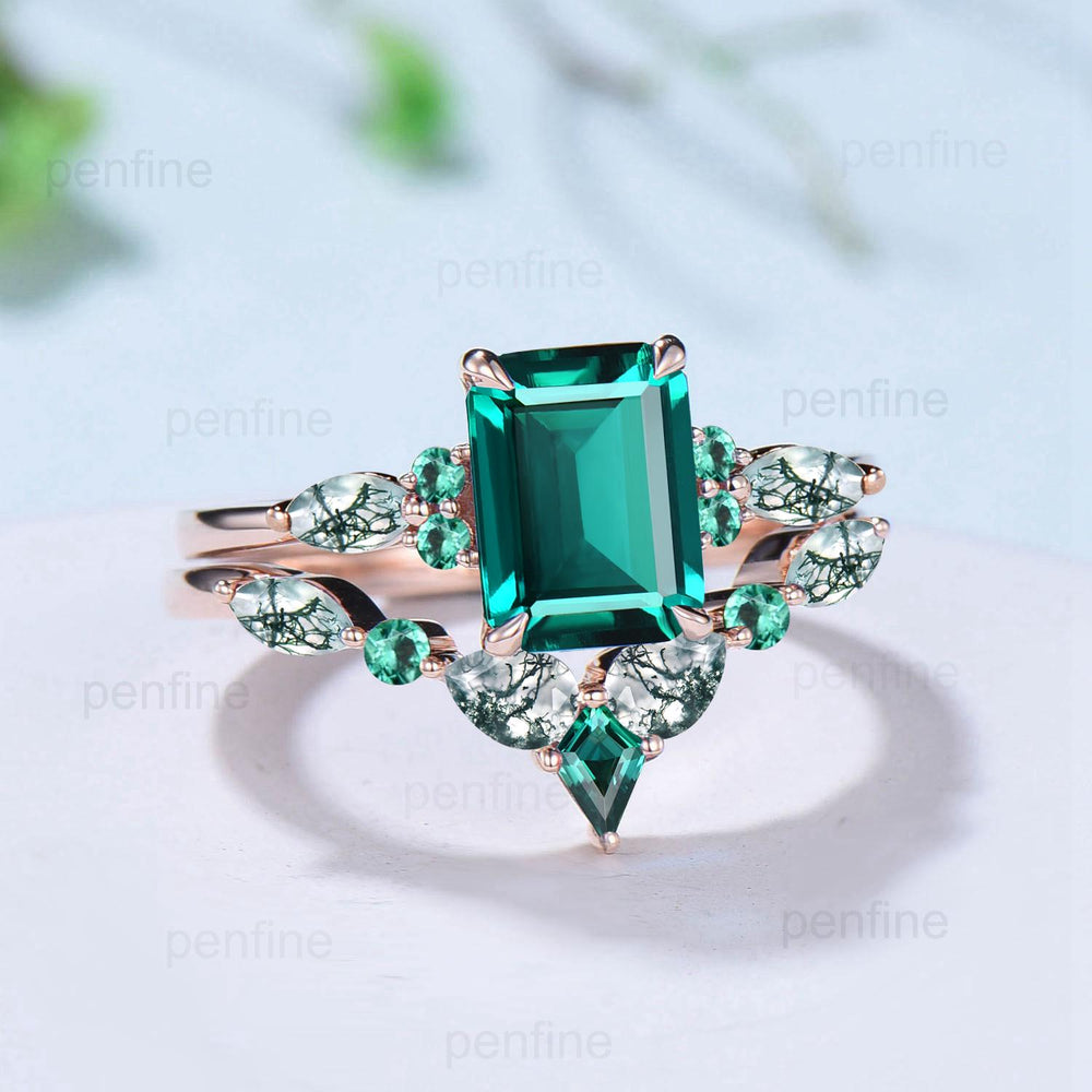 Vintage Emerald Cut Emerald Engagement Ring Set Unique Seven Stone Moss Agate Wedding Ring Set Silver Rose Gold May Birthstone Bridal Set - PENFINE