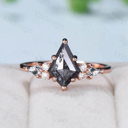 Vintage kite cut salt pepper diamond engagement ring set 14k rose gold six prong kite cut rutilated quartz ring unique bridal wedding set - PENFINE