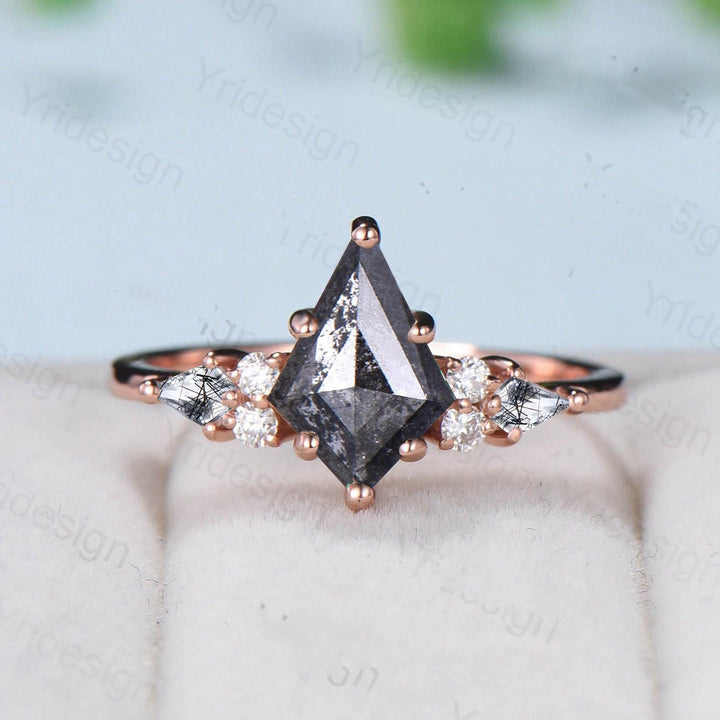 Vintage kite cut salt pepper diamond engagement ring set 14k rose gold six prong kite cut rutilated quartz ring unique bridal wedding set - PENFINE