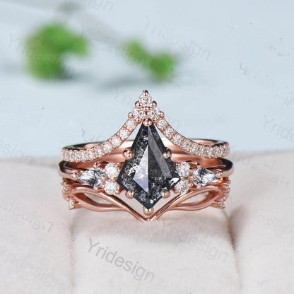 Vintage kite cut salt pepper diamond engagement ring set 14k rose gold six prong kite cut rutilated quartz ring unique bridal wedding set - PENFINE