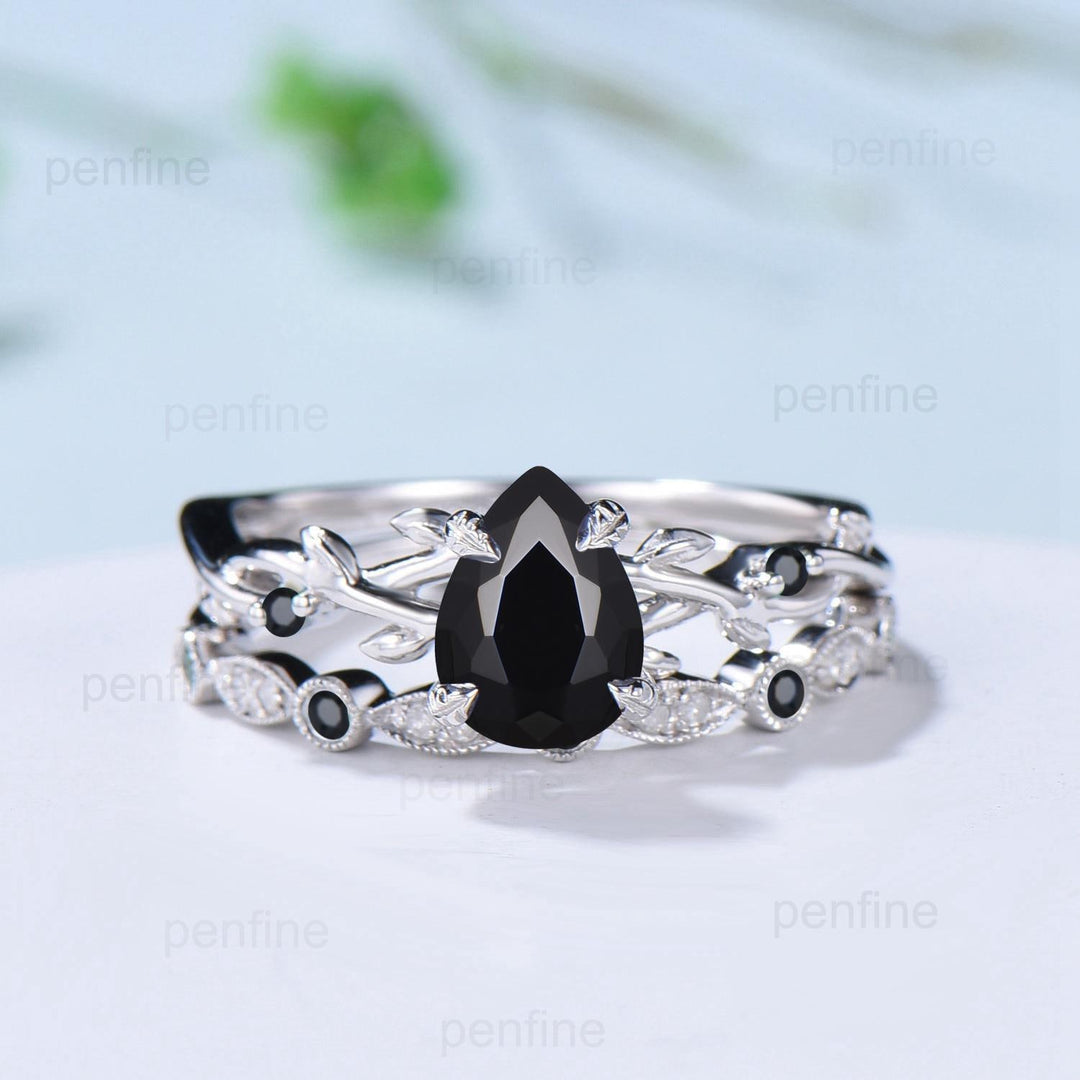 Vintage Black Onyx Ring Set Pear Shaped Twig Vine Engagement Ring Nature Inspired Wedding Set Art Deco Anniversary Promise Jewelry Gifts - PENFINE