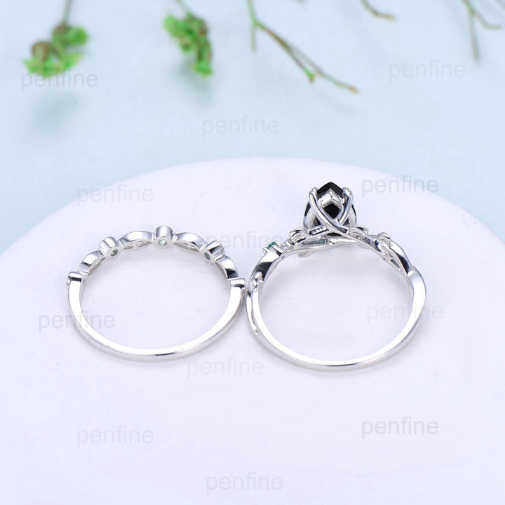 Vintage Black Onyx Ring Set Pear Shaped Twig Vine Engagement Ring Nature Inspired Wedding Set Art Deco Anniversary Promise Jewelry Gifts - PENFINE