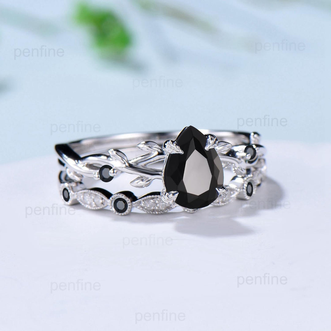Vintage Black Onyx Ring Set Pear Shaped Twig Vine Engagement Ring Nature Inspired Wedding Set Art Deco Anniversary Promise Jewelry Gifts - PENFINE