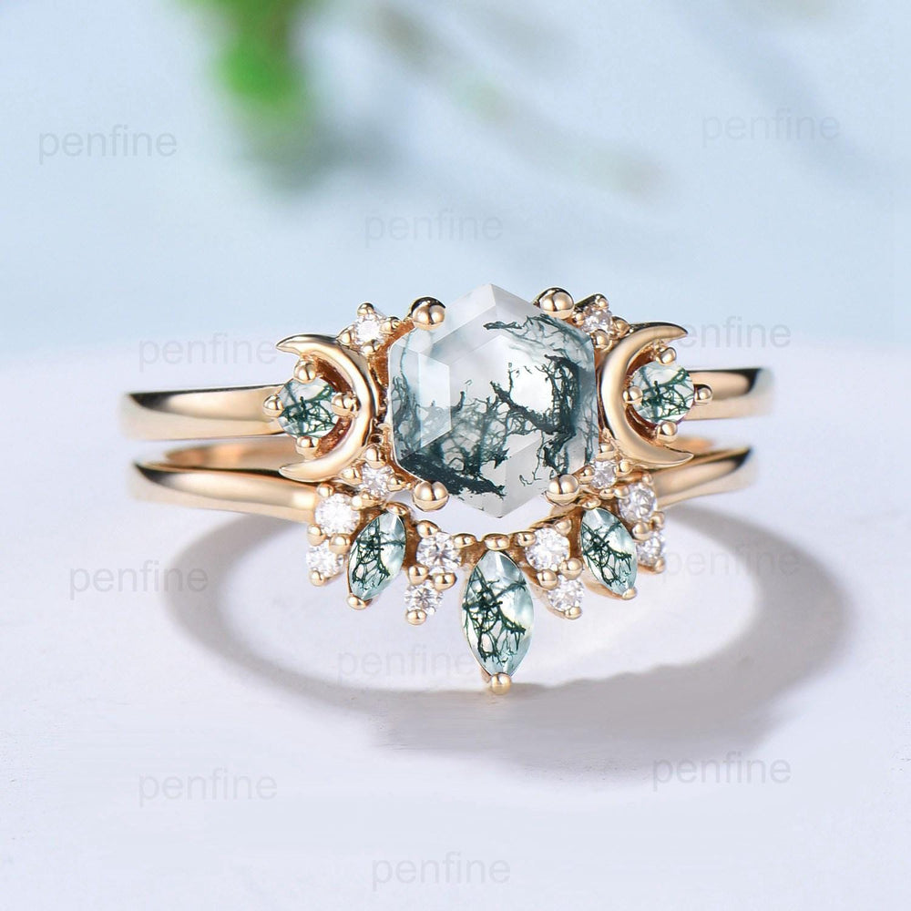 Vintage moss agate engagement ring set hexagon cut 14k yellow gold moon wedding ring Elegant unique green birthstone bridal ring set women - PENFINE