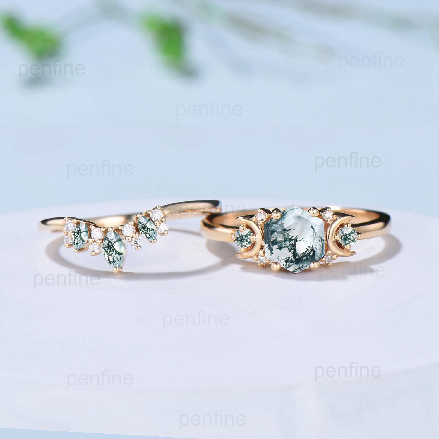 Vintage moss agate engagement ring set hexagon cut 14k yellow gold moon wedding ring Elegant unique green birthstone bridal ring set women - PENFINE