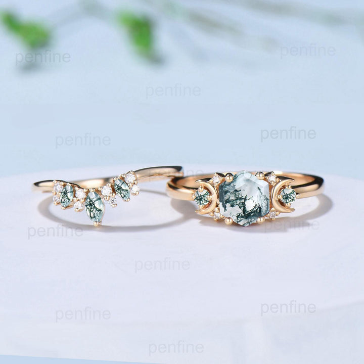 Vintage moss agate engagement ring set hexagon cut 14k yellow gold moon wedding ring Elegant unique green birthstone bridal ring set women - PENFINE