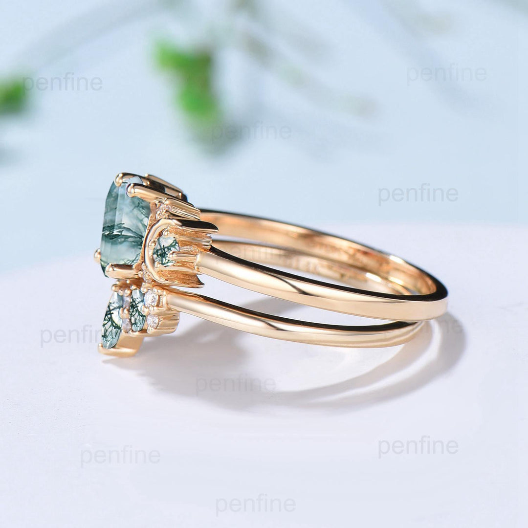 Vintage moss agate engagement ring set hexagon cut 14k yellow gold moon wedding ring Elegant unique green birthstone bridal ring set women - PENFINE