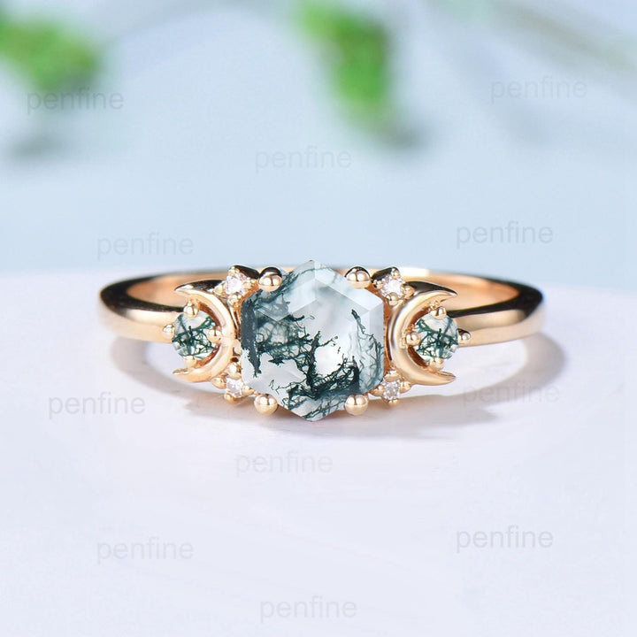 Vintage moss agate engagement ring set hexagon cut 14k yellow gold moon wedding ring Elegant unique green birthstone bridal ring set women - PENFINE