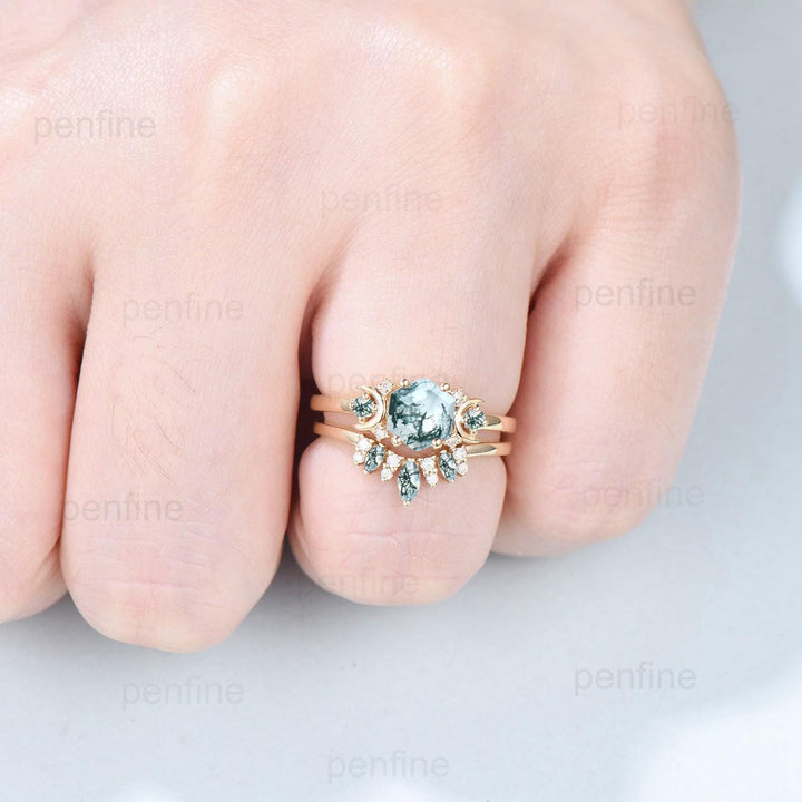 Vintage moss agate engagement ring set hexagon cut 14k yellow gold moon wedding ring Elegant unique green birthstone bridal ring set women - PENFINE