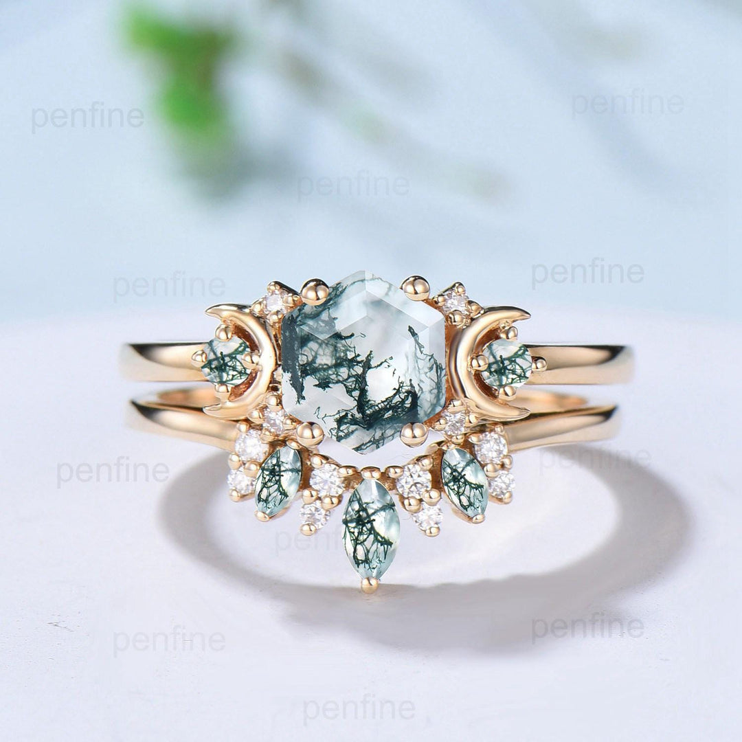 Vintage moss agate engagement ring set hexagon cut 14k yellow gold moon wedding ring Elegant unique green birthstone bridal ring set women - PENFINE