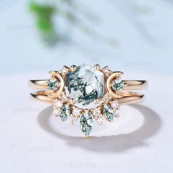 Vintage moss agate engagement ring set hexagon cut 14k yellow gold moon wedding ring Elegant unique green birthstone bridal ring set women - PENFINE