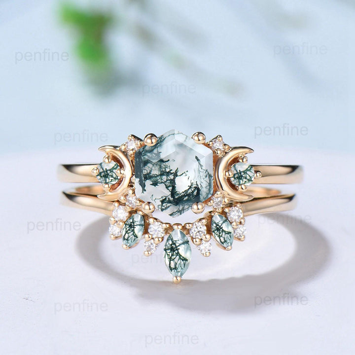 Vintage moss agate engagement ring set hexagon cut 14k yellow gold moon wedding ring Elegant unique green birthstone bridal ring set women - PENFINE