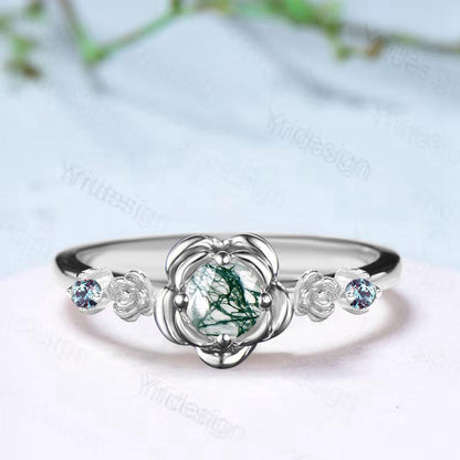 Floral round moss agate engagement ring nature inspired green agate alexandrite wedding ring vintage flower anniversary promise ring women - PENFINE