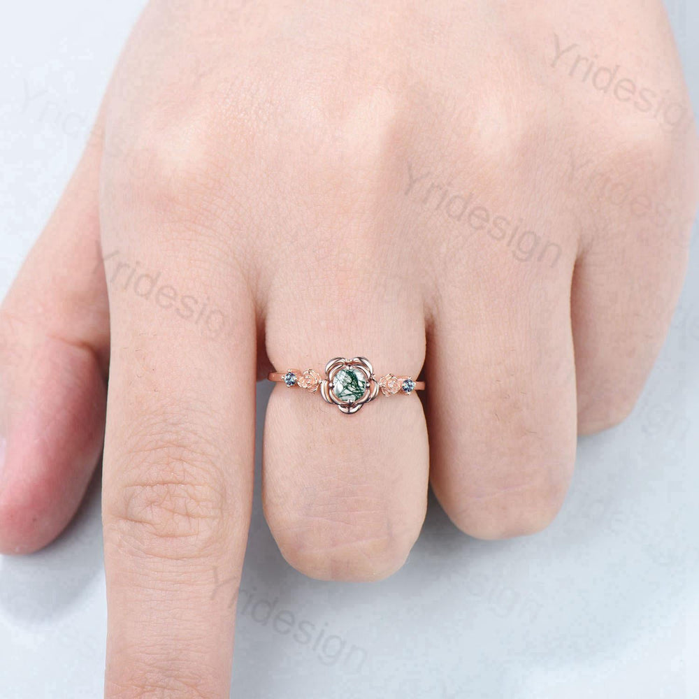 Floral round moss agate engagement ring nature inspired green agate alexandrite wedding ring vintage flower anniversary promise ring women - PENFINE