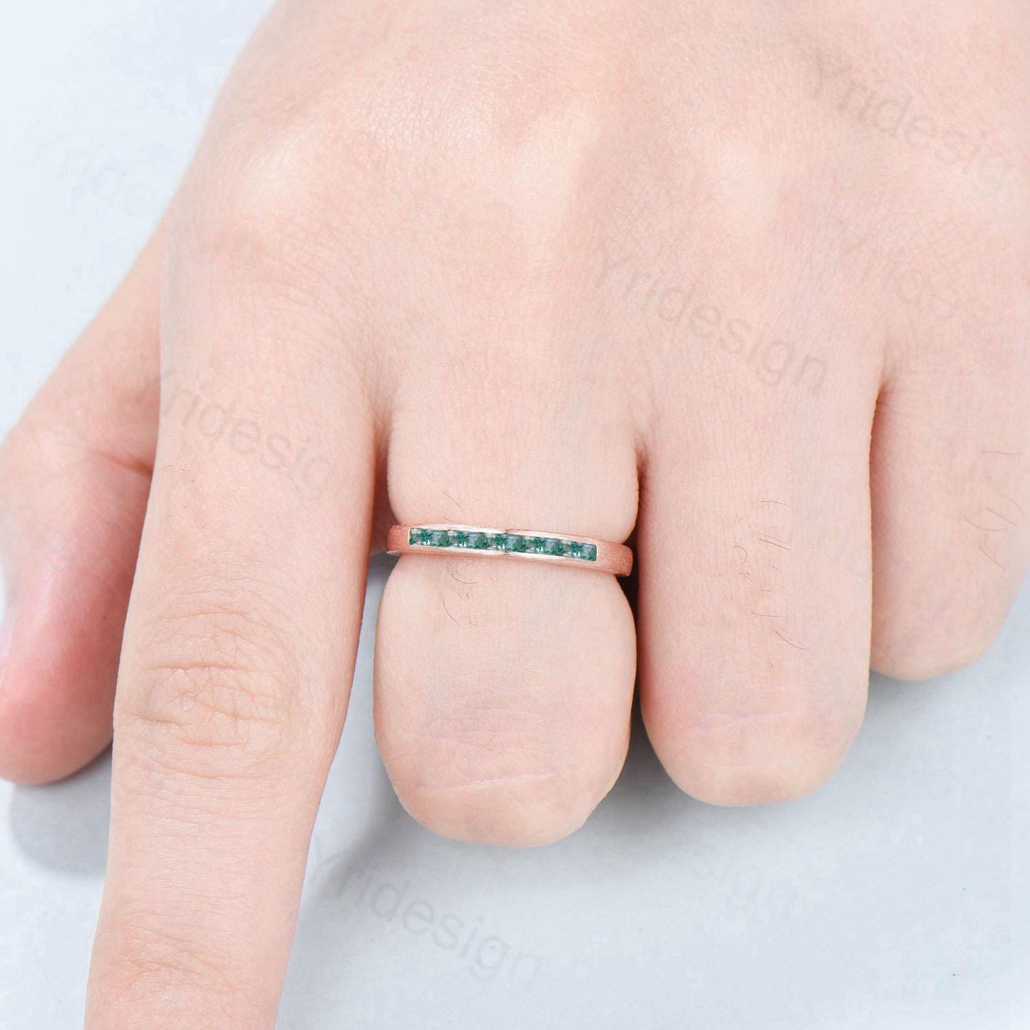 Hammered Moss Agate Wedding Ring Unique Minimalist Brushed Five Stone Wedding Band Women Tension Design Stacking Retro Vintage Stacking Ring - PENFINE