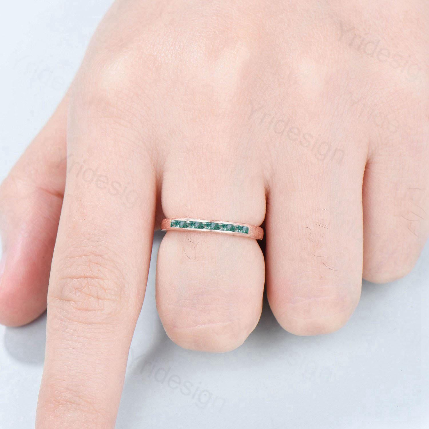 Hammered Moss Agate Wedding Ring Unique Minimalist Brushed Five Stone Wedding Band Women Tension Design Stacking Retro Vintage Stacking Ring - PENFINE