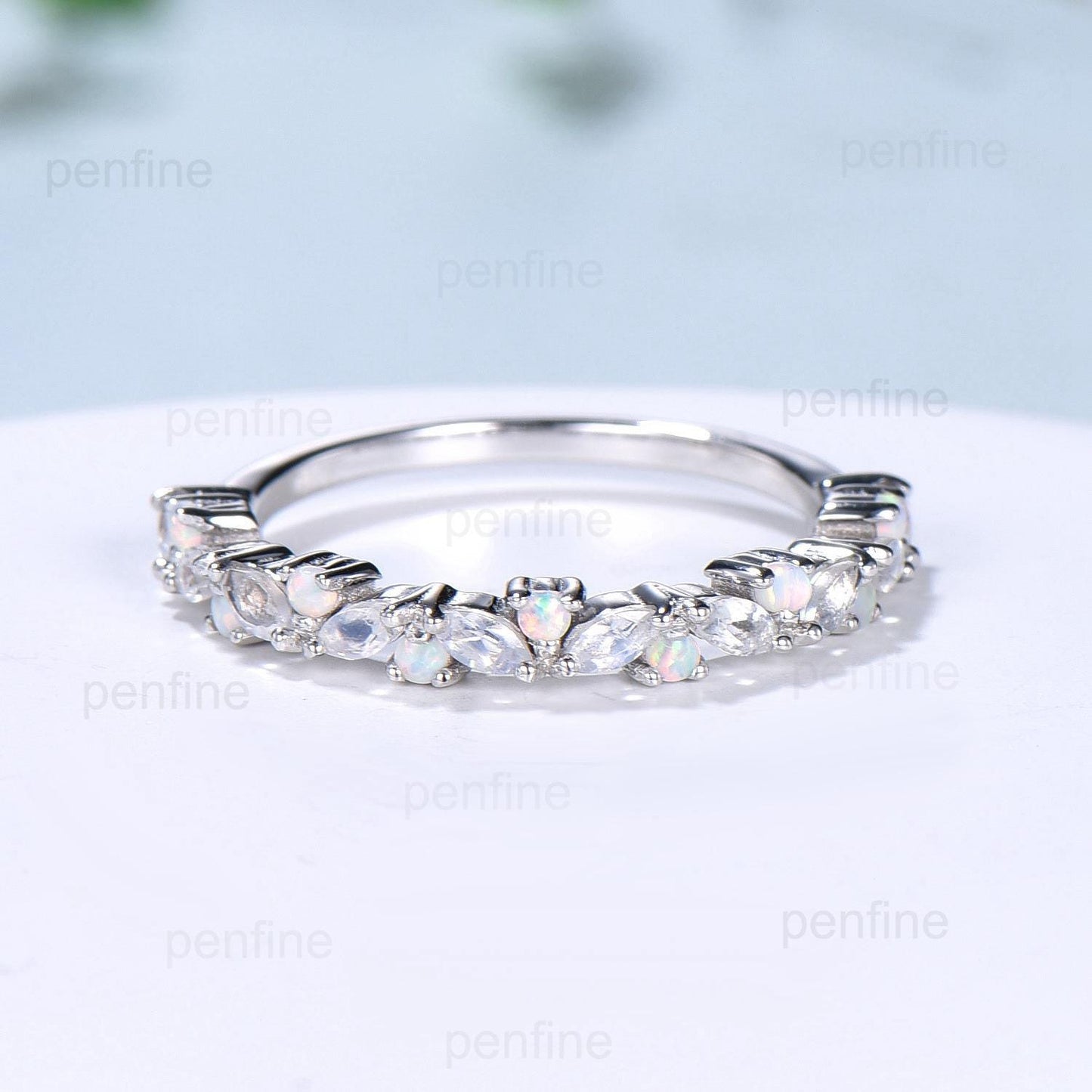 Vintage Marquise Moonstone Opal Wedding Band, 14k Yellow Gold Stacking Ring - PENFINE