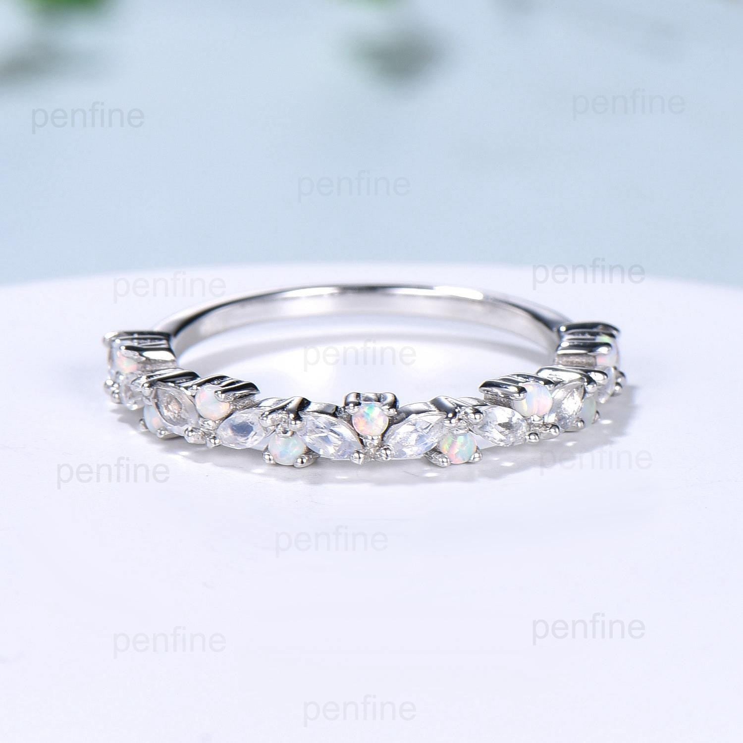 Vintage Marquise Moonstone Opal Wedding Band, 14k Yellow Gold Stacking Ring - PENFINE