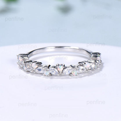 Vintage Marquise Moonstone Opal Wedding Band, 14k Yellow Gold Stacking Ring - PENFINE